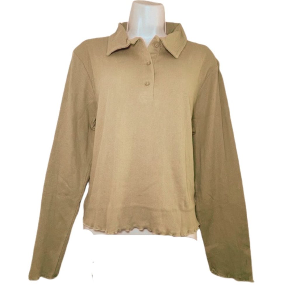 Full Circle Trends Womens Plus Size Ribbed Raw-Hem Cropped Polo Shirt,Brown,2X